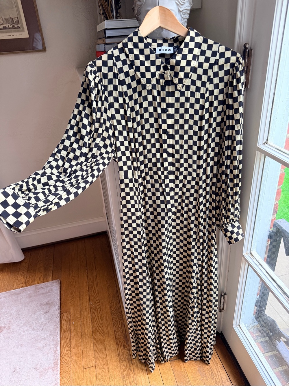 RIXO Black and Cream Checkerboard Maxi Shirt Dress